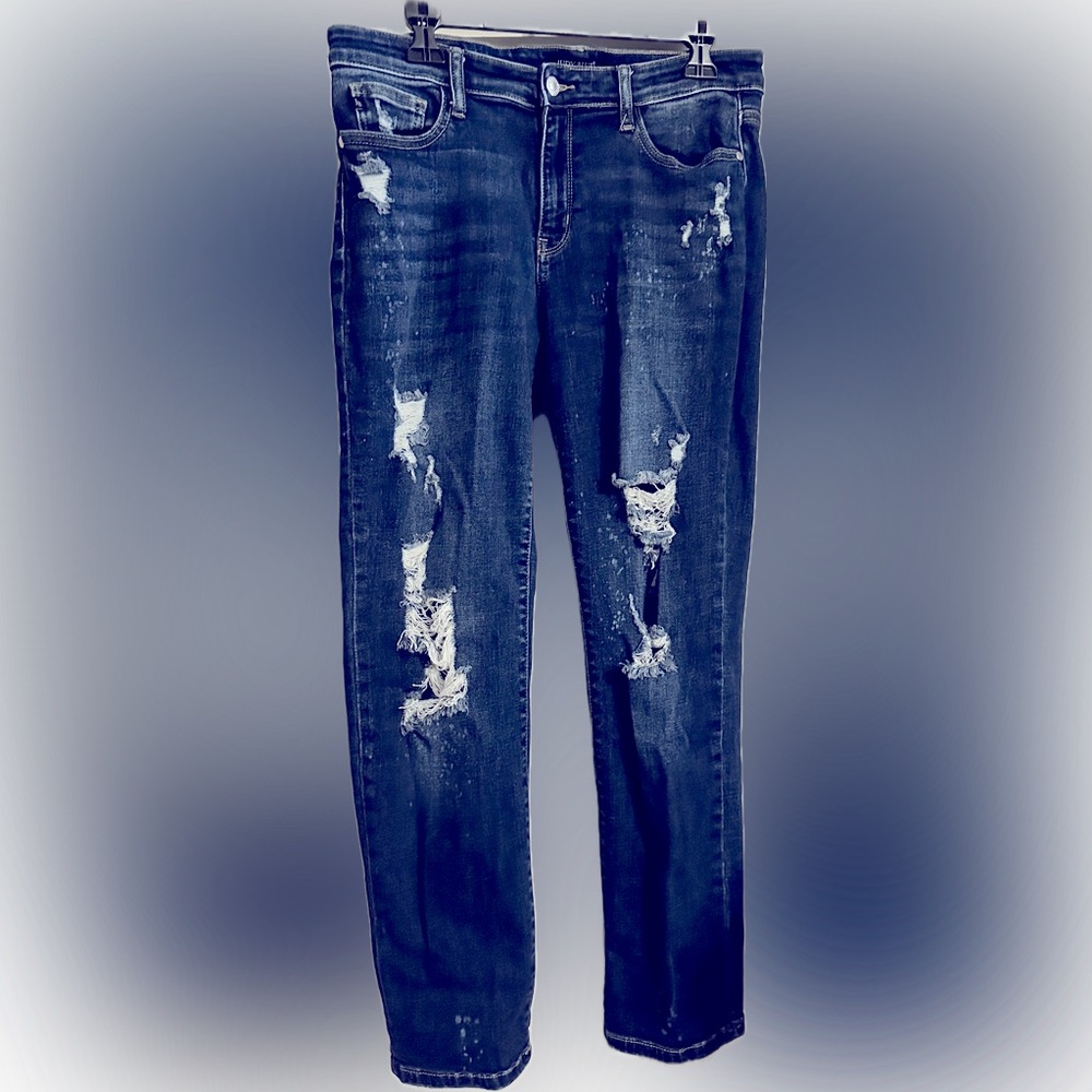 Judy Blue Jeans Marsha Mid-Rise Boyfriend Bleach Splash Destroyed - size 11/30